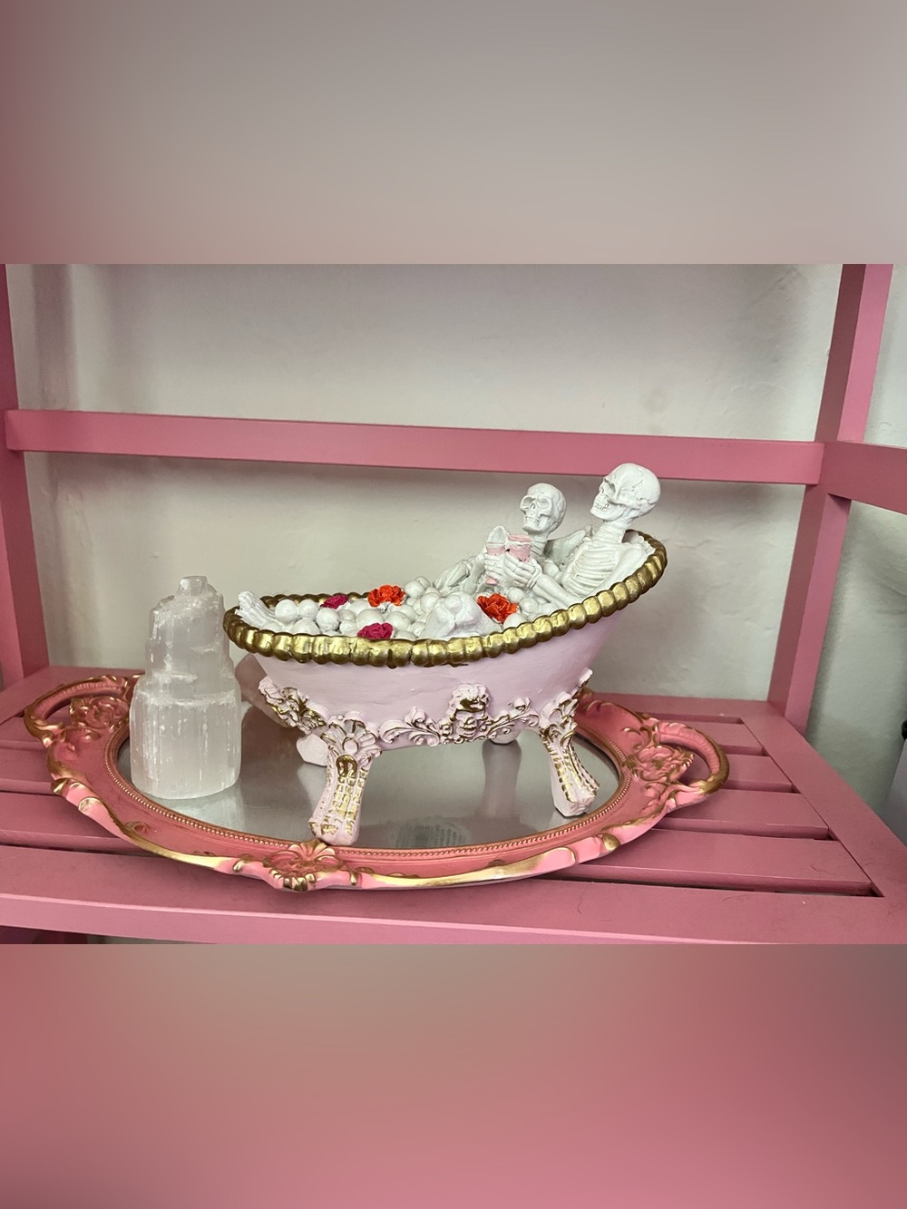 Ashland Decorative Pink Bathtub Skeleton Figurine with Gold Trim